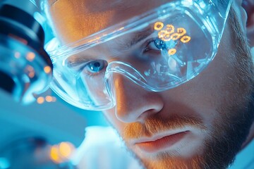 Poster - Close-up of a focused scientist in protective glasses, engaged in advanced research in a high-tech laboratory environment.