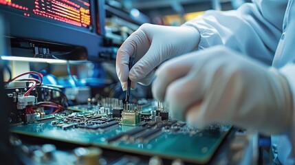 A man is working on a computer chip