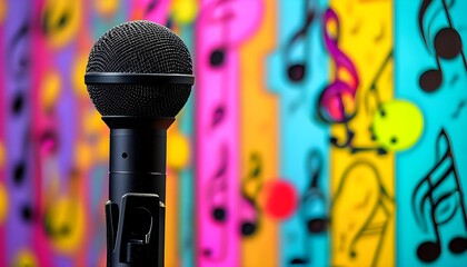 Vibrant backdrop adorned with musical notes highlighting a microphones presence