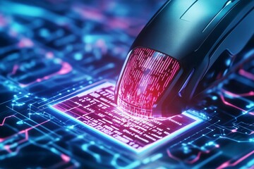 Poster - Futuristic computer mouse interacting with a vibrant circuit board, highlighting technology and innovation in digital interfaces.