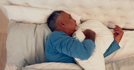 Sticker - Sleeping, relax and senior man on bed for comfort with duvet, mattress and pillow in home. Rest, calm and elderly male person in retirement with afternoon nap in bedroom on weekend in house.