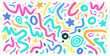 © LOVE VECTOR - Colorful kid's seamless pattern with squiggle lines, brush strokes, dots, spirals, and abstract squiggles in a childish doodle style. Trendy drawing for children's party celebration, playful doodle