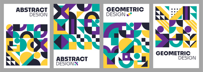 Aufkleber - Abstract modern geometric posters with color shapes pattern, vector background templates. Web banners, posters and covers with headers in abstract geometric design of trendy mosaic element pattern
