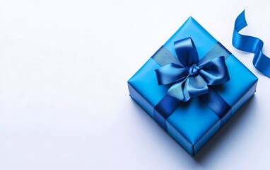 Wall Mural - big blue gift box with blue ribbon on white background banner, blank space, top view