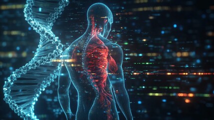 Fototapete - Abstract digital anatomy of the human body, featuring muscle and DNA structure. Concept: futuristic healthcare and medical technology.