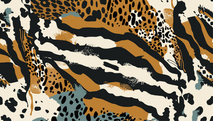 Fashion safari print, camouflage fabric, wild animal skins patchwork wallpaper, abstract vector seamless pattern, wild leopard giraffe tiger zebra skin background, exotic animal print fabric