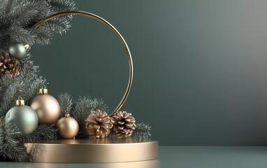 Christmas decoration concept with gold accessories and empty podium displayed on green background. Scene for advertising with empty space