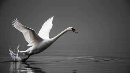 a swan is flying in the water with its wings spread out.