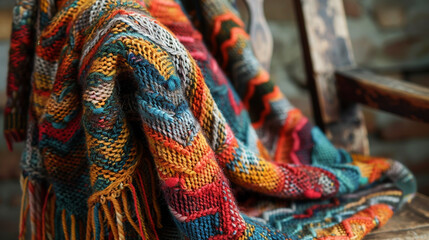 Wall Mural - A close-up of a hand-knit scarf draped over a rustic chair. The scarf features a complex pattern with vibrant colors, and the texture of the yarn is clearly visible.