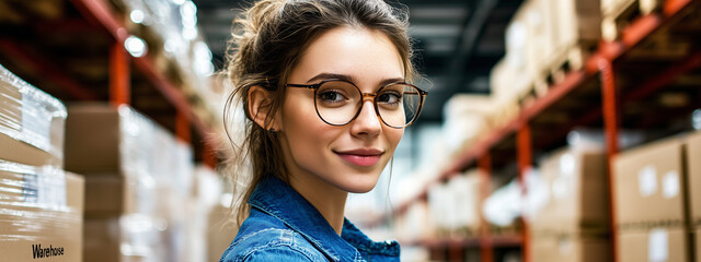 Young woman with glasses in a denim jacket smiles in a warehouse, surrounded by shelves filled with boxes, creating a focused yet relaxed work environment.