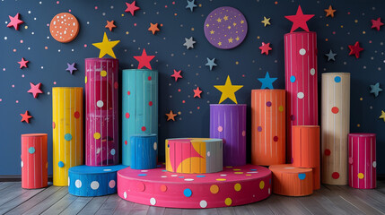 Wall Mural - A DIY podium designed for kids, made from brightly painted wood in primary colors. The podium is shorter in height, with rounded edges and fun decorative elements like stars and stripes.