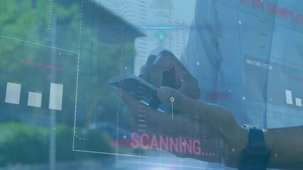 Poster - Animation of data processing over biracail man using smartphone