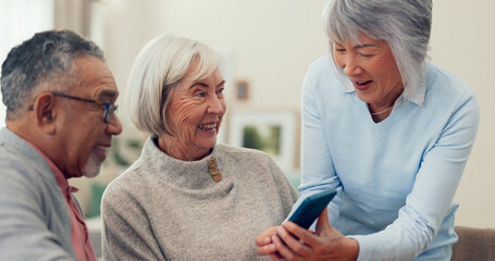 Wall Mural - Cellphone, smile and senior friends in living room for funny meme, bonding and retirement together in house. Group, memory and man with elderly women for talking, communication and laugh with joke