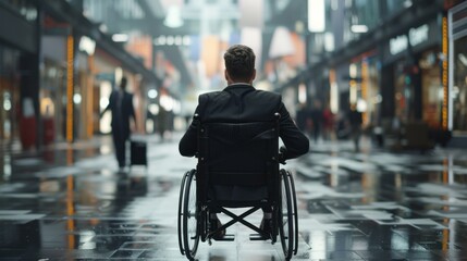 Poster - A man in a wheelchair is sitting in the middle of a busy city street