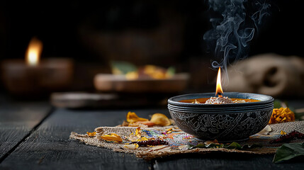 A serene scene featuring an aromatic burning bowl with smoke, surrounded by warm candlelight and colorful decor.