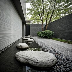 Modern Minimalist Zen Garden With Stone Pond