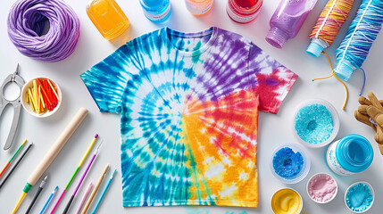 Wall Mural - A flat lay of a DIY tie-dye t-shirt, featuring a vibrant spiral pattern, surrounded by extra dye bottles, rubber bands, and gloves, all neatly arranged on a white background.