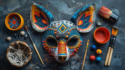 Sticker - A flat lay of a paper mache animal mask, painted with vibrant colors and detailed patterns, with extra paper mache strips, paint, and brushes arranged in a balanced composition on a dark background.