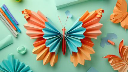 A flat lay of a spring-themed paper butterfly craft, with vibrantly colored wings made from folded paper, surrounded by extra paper, markers, and glue, all arranged on a light green surface.