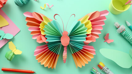 Wall Mural - A flat lay of a spring-themed paper butterfly craft, with vibrantly colored wings made from folded paper, surrounded by extra paper, markers, and glue, all arranged on a light green surface.