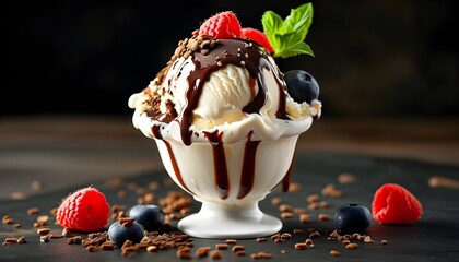 Delicious sundae topped with rich ice cream and delectable toppings