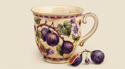 Wall Mural - A mug with hand-painted figs and purple flowers, isolated on a pale lavender background.