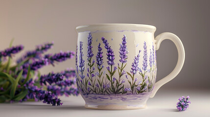 Wall Mural - A mug with hand-painted lavender sprigs and purple blooms, isolated on a light lavender background.