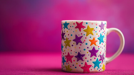 Wall Mural - A playful hand-painted mug with stars and rainbows, isolated on a bright purple background.