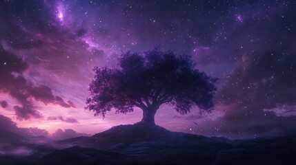 Wall Mural - a majestic tree standing tall under a night sky filled with stars.