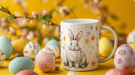 Wall Mural - A white mug with a hand-painted bunny surrounded by decorated Easter eggs, isolated on a bright yellow background.