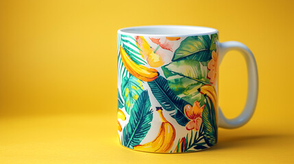 Wall Mural - A white mug with vibrant hand-painted bananas and tropical leaves, isolated on a soft yellow background.