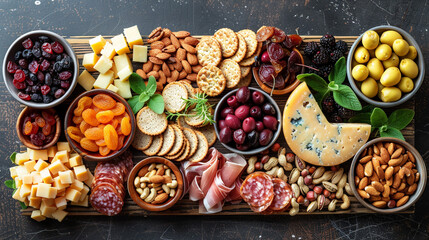 Wall Mural - A flat lay of a charcuterie board featuring a variety of nuts, dried fruits, cheeses, and crackers, 