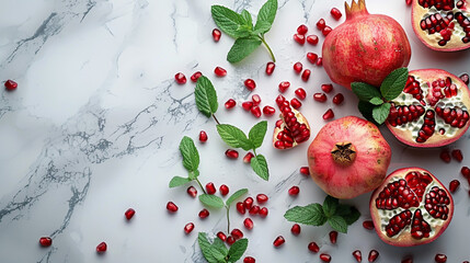 A flat lay of pomegranate seeds scattered across a marble surface, with pomegranate halves and sprigs of fresh mint, creating a vibrant and textured composition.