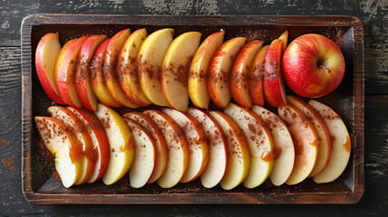 Wall Mural - A flat lay of sliced apples and pears, arranged in an overlapping pattern with a drizzle of caramel and a sprinkle of cinnamon, set against a rustic wooden board.