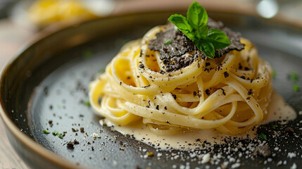 Wall Mural - A plate of fine dining pasta with handmade tagliatelle, artfully twisted into a nest, topped with truffle shavings and a light cream sauce, presented on a deep, textured plate.