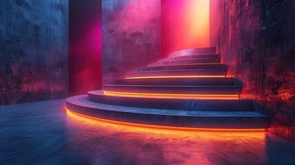 Wall Mural - A glowing neon staircase leads up to a door in a futuristic, industrial setting.