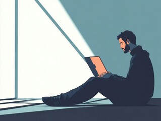 Canvas Print - This is a digital illustration of a man focused on his laptop, possibly working or studying.