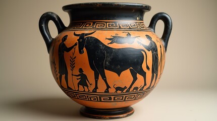 Ancient Greek amphora with Crete bull and figures in black-figure style