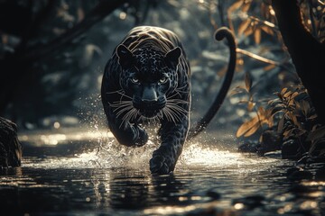 Wall Mural - a black panther is running through a river. the water is murky and the sky is dark. the panther is f