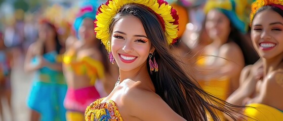 Colorful festival celebration featuring smiling dancer with floral headdress, showcasing joy and cultural heritage in vibrant attire.