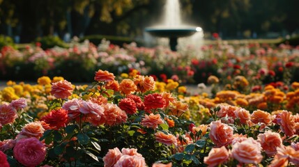 A beautiful garden with a fountain in the middle. The flowers are in full bloom and the colors are vibrant. The scene is peaceful and serene, inviting visitors to relax and enjoy the beauty of nature