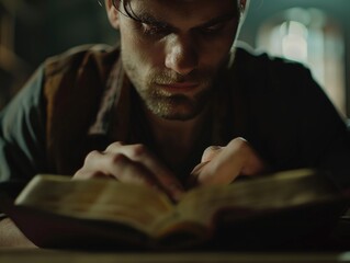 Canvas Print - A man is reading a book with his hand on the page. The book is open to a page with a picture of a man's face