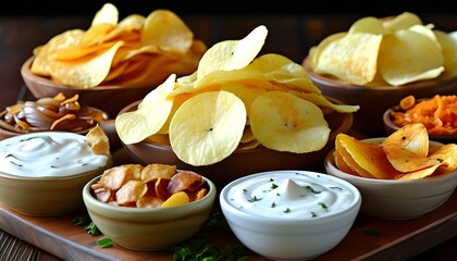 Wall Mural - Flavorful assortment of potato chips featuring salt, barbecue, and sour cream and onion varieties