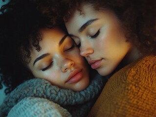 Poster - Two women are sleeping together, one of them wearing a gray sweater. The scene is warm and cozy, with the women's bodies close together