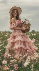 Canvas Print - A woman in a pink dress is holding a basket of flowers in a field