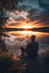 Poster - A man sits on a rock by a lake, watching the sun set. The sky is filled with clouds, creating a moody atmosphere. The man is lost in thought, perhaps reflecting on his day or contemplating life