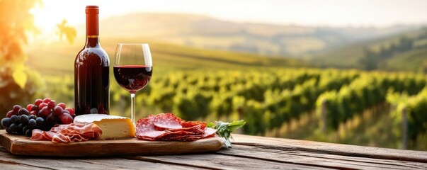 Uncorked bottle of red wine with a glass beside cheese, grapes, and charcuterie in a sunlit vineyard setting.