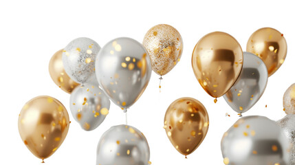 3D gold and silver balloons with bunch on transparent background