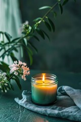 Wall Mural - A candle is lit in a green glass jar on a table