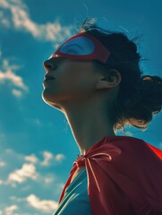 Poster - A woman in a red cape and mask is looking up at the sky. Concept of wonder and adventure, as if the woman is a superhero ready to take on any challenge